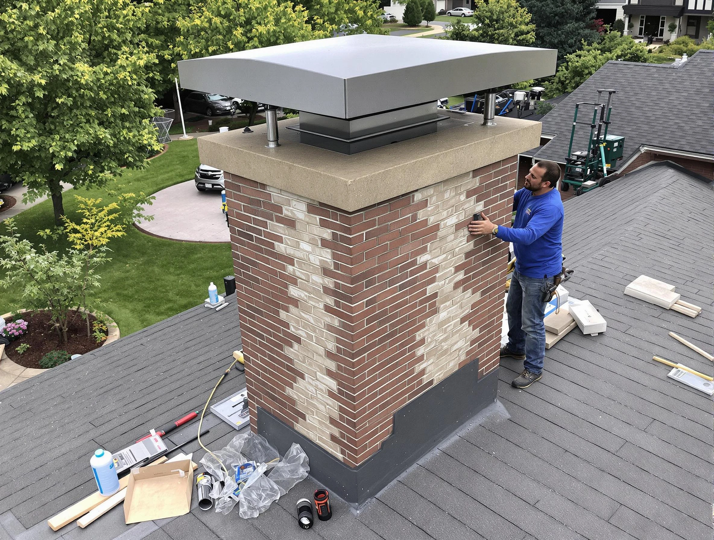 Braintree Chimney Sweep team working on a custom chimney remodel in Braintree, MA