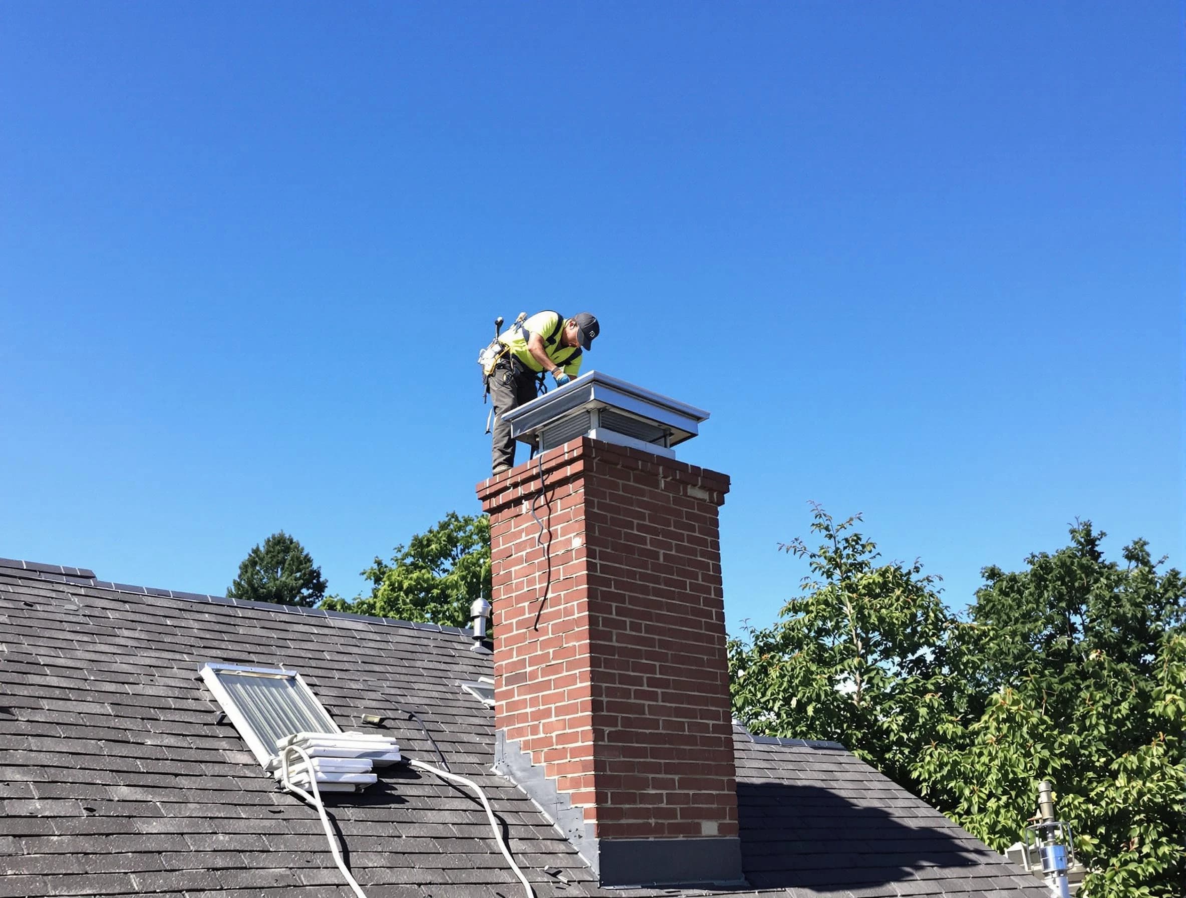 Braintree Chimney Sweep technician measuring a chimney cap in Braintree, MA